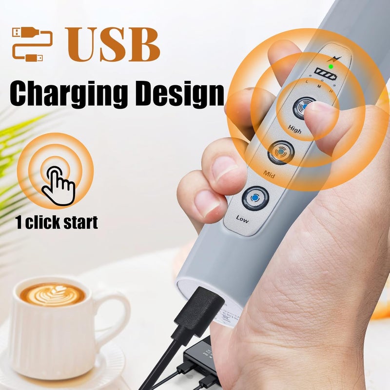 Nahida Cement Gray Milk Frother Wand for Coffee, Frother Handheld Rechargeable Electric Whisk with 3 Heads 3 Speeds Drink Mixer Coffee Frother Foam Maker For Latte, Cappuccino, Hot Chocolate, Egg - Image 2